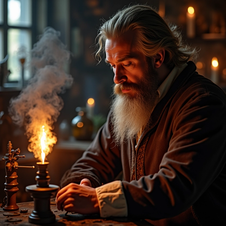 Christian Huygens conduzindo um experimento com pólvora em seu laboratório.