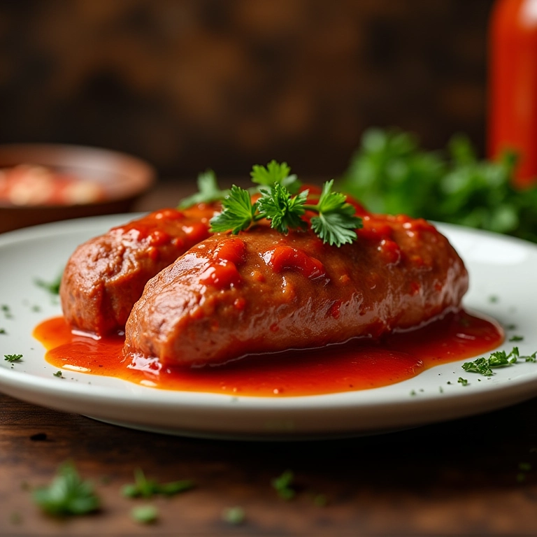 Chuchu recheado com carne moída, coberto com molho de tomate e salsa.