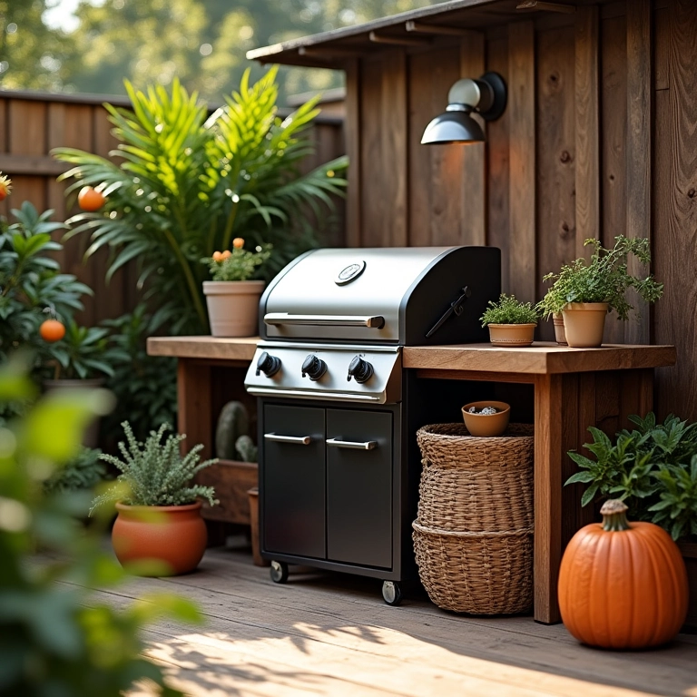 Churrasqueira pré-moldada de canto em um quintal aconchegante.