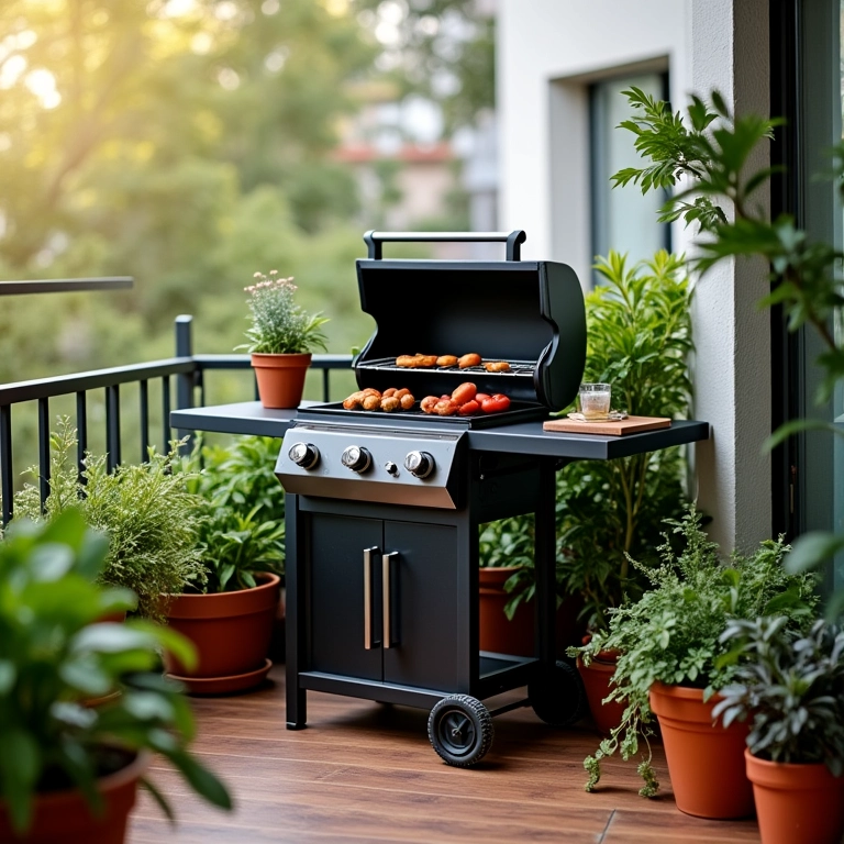 Churrasqueira pré-moldada pequena em uma varanda de apartamento.