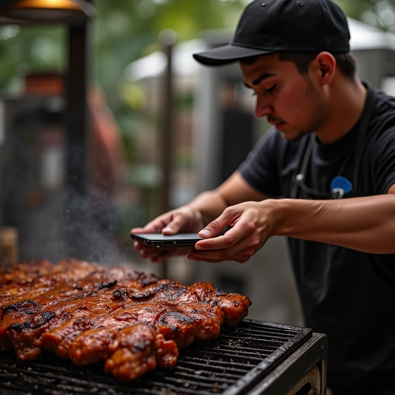 Churrasqueiro divulgando seu trabalho nas redes sociais.