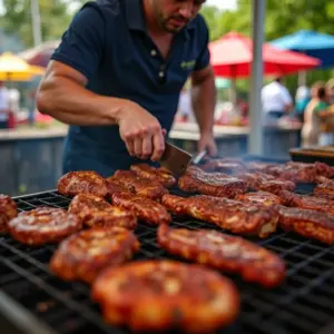 Churrasqueiro Para Eventos e Festas Pode Ser MEI Churrasqueiro profissional preparando carnes em evento ao ar livre.
