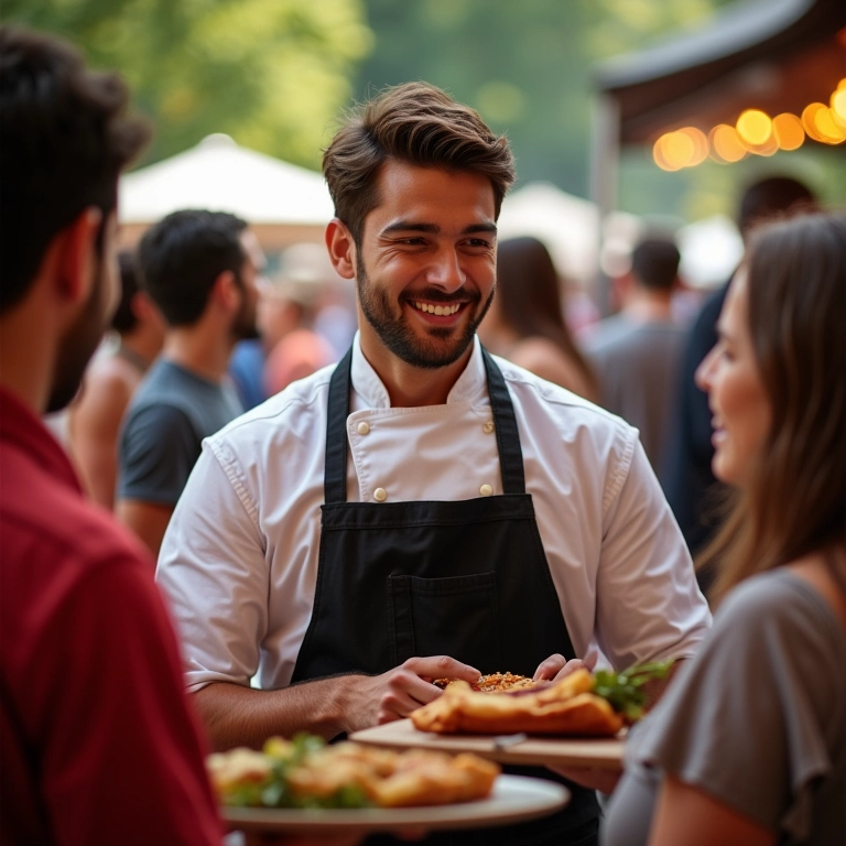 Churrasqueiro sorrindo e interagindo com convidados em evento.