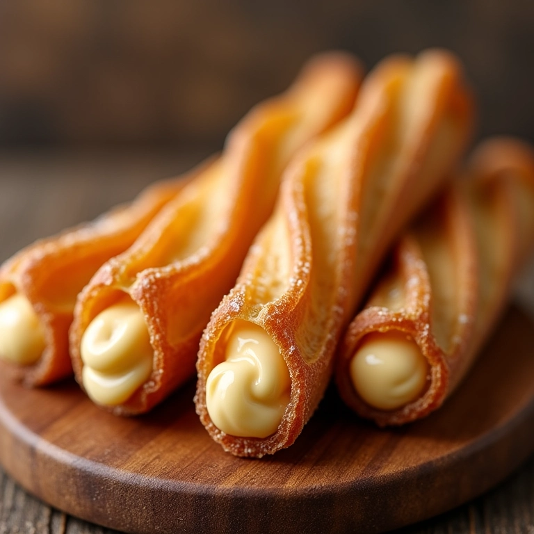 Churros recheados com doce de leite em uma tábua de madeira.