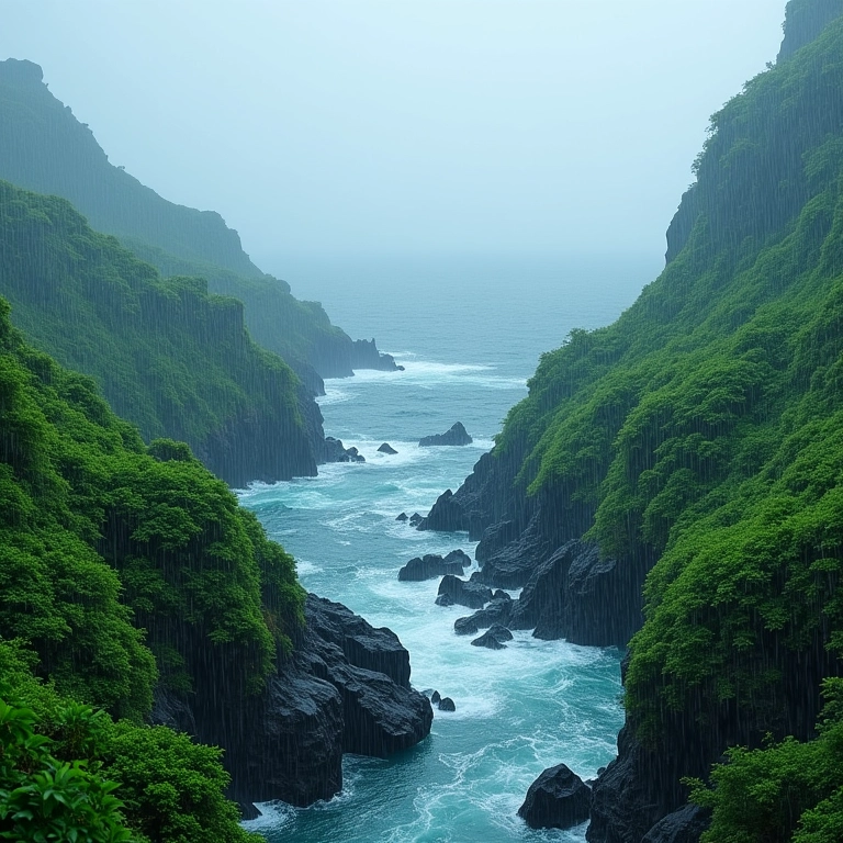 Chuva alimentando rio que deságua no oceano.