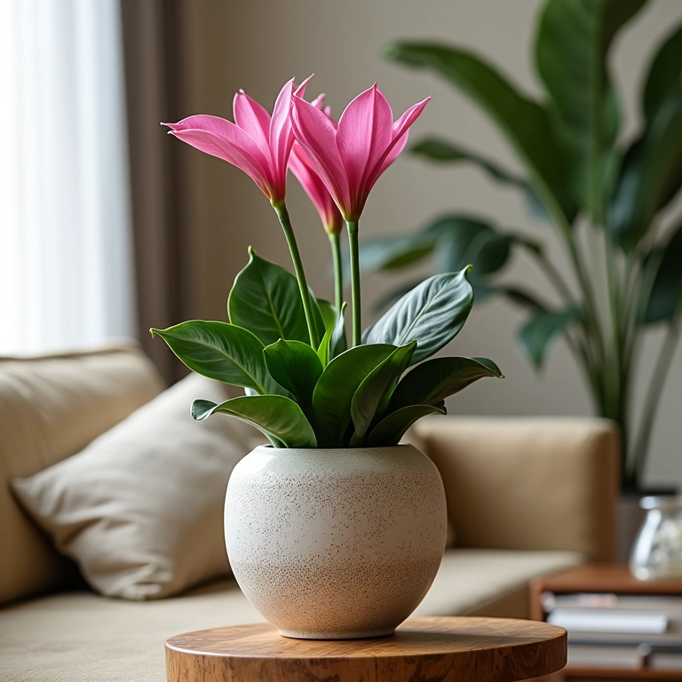 Ciclame em vaso decorativo e cachepot em sala de estar aconchegante.