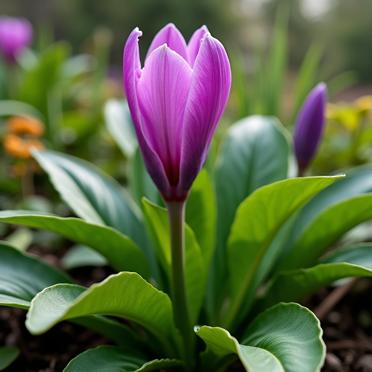Ciclame plantado em um jardim, integrado com outras plantas.