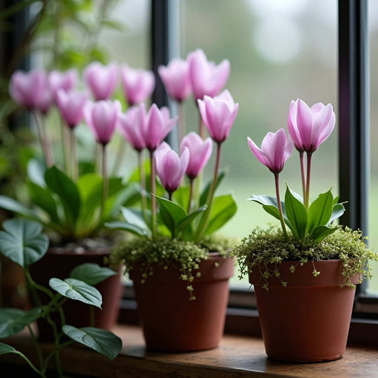 Ciclames delicados em vasos dentro de um jardim de inverno envidraçado.