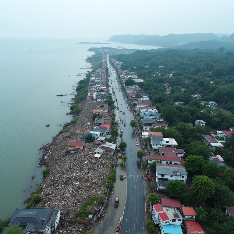 Cidade costeira devastada após a passagem de um tsunami.