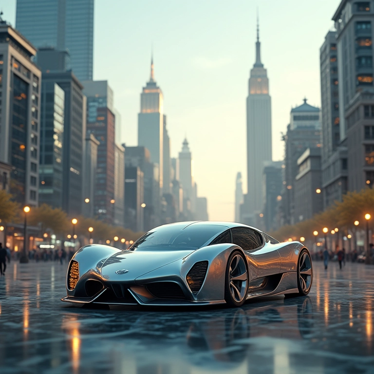 Cidade futurista com carros clássicos voando, visão otimista.