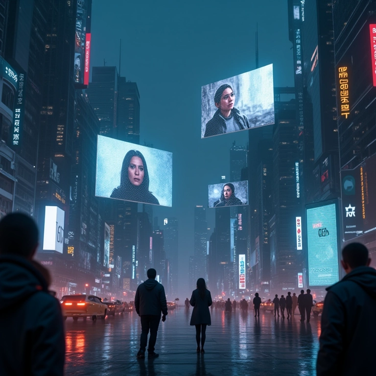 Cidade futurista com IA e telas com spoilers, levantando questões éticas.