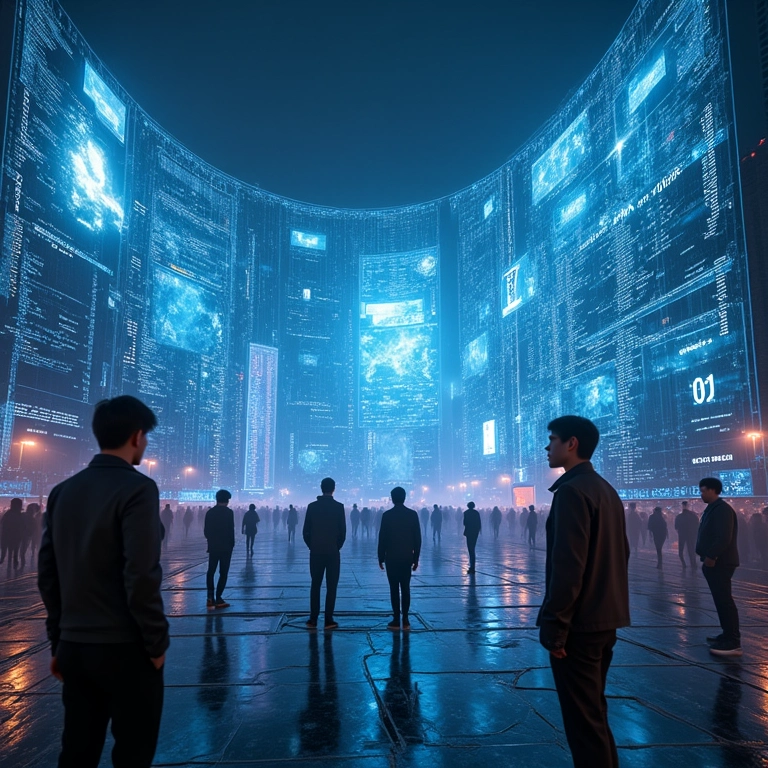 Cidade futurística com projeções holográficas de previsões do tempo.