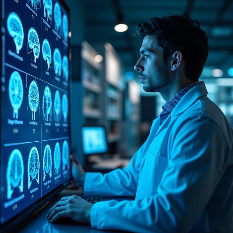 Cientista analisando exames cerebrais relacionados à viagem astral.