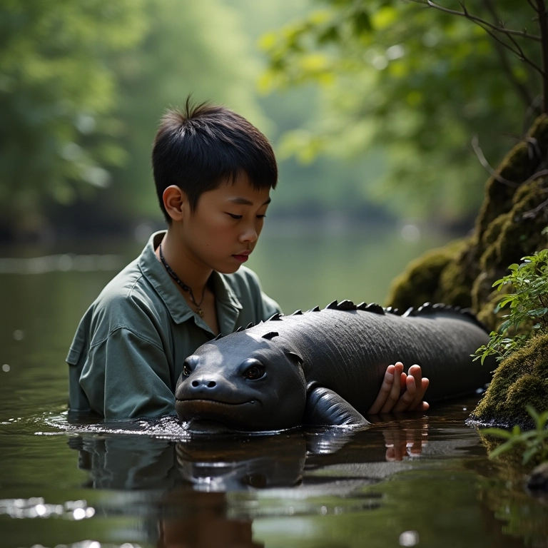 Cientista estudando salamandra gigante chinesa para conservação.