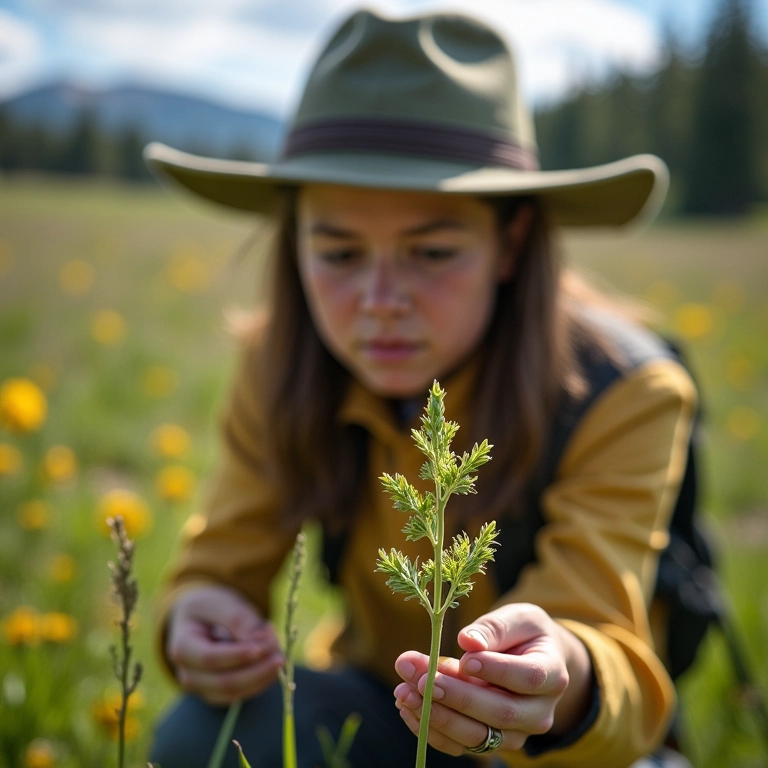 Cientista estudando uma planta rara em Yellowstone.