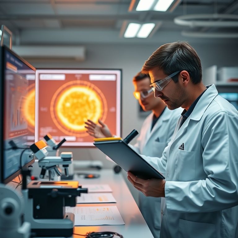 Cientistas analisando dados solares em laboratório.