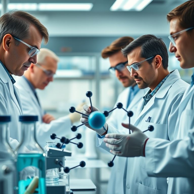 Cientistas analisando estruturas atômicas de moléculas de medicamentos em laboratório.