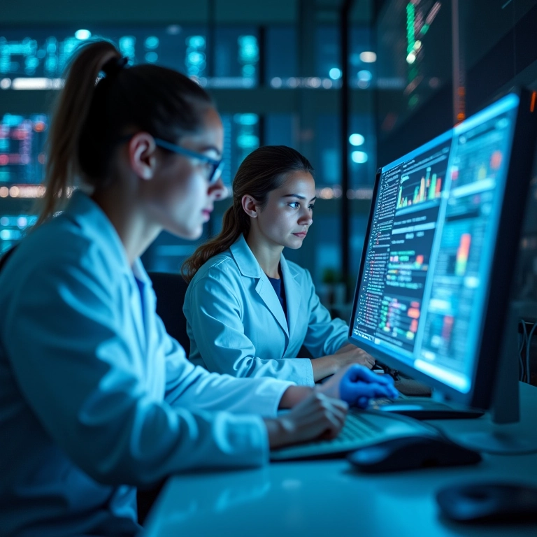Cientistas de dados trabalhando em algoritmos de IA com modelos estatísticos.