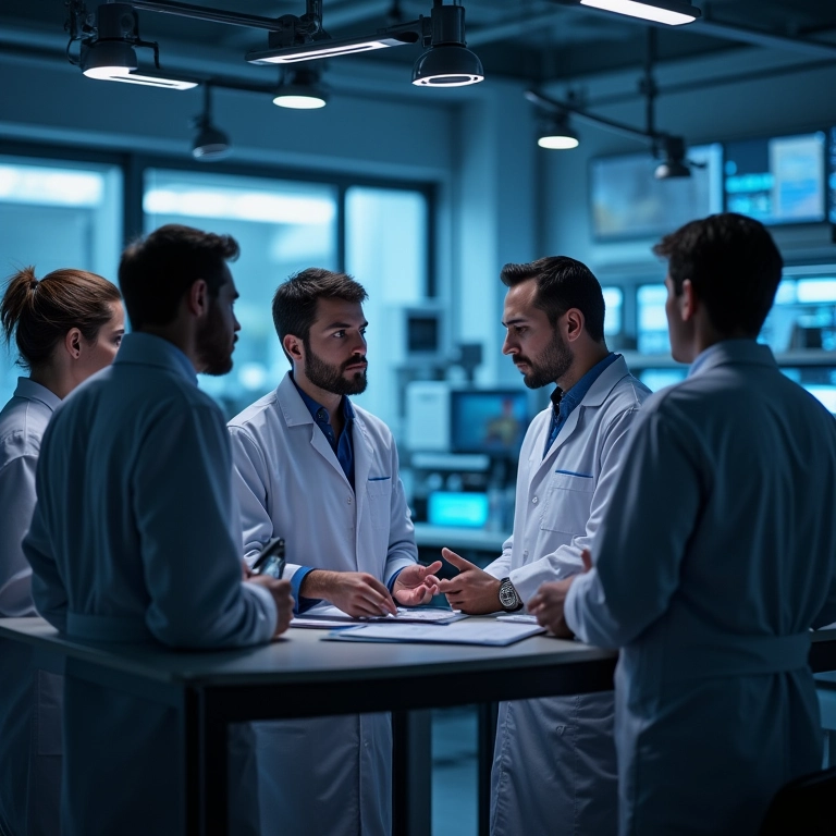 Cientistas debatendo teorias sobre energia escura em um laboratório moderno.