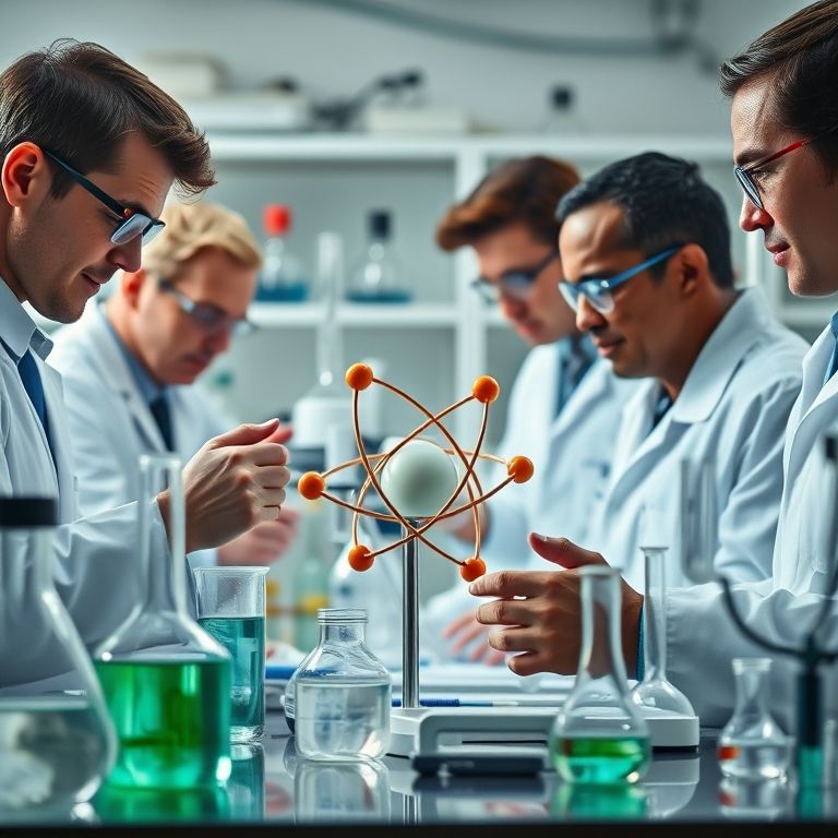 Cientistas diversos examinam modelos atômicos e compostos químicos em laboratório.