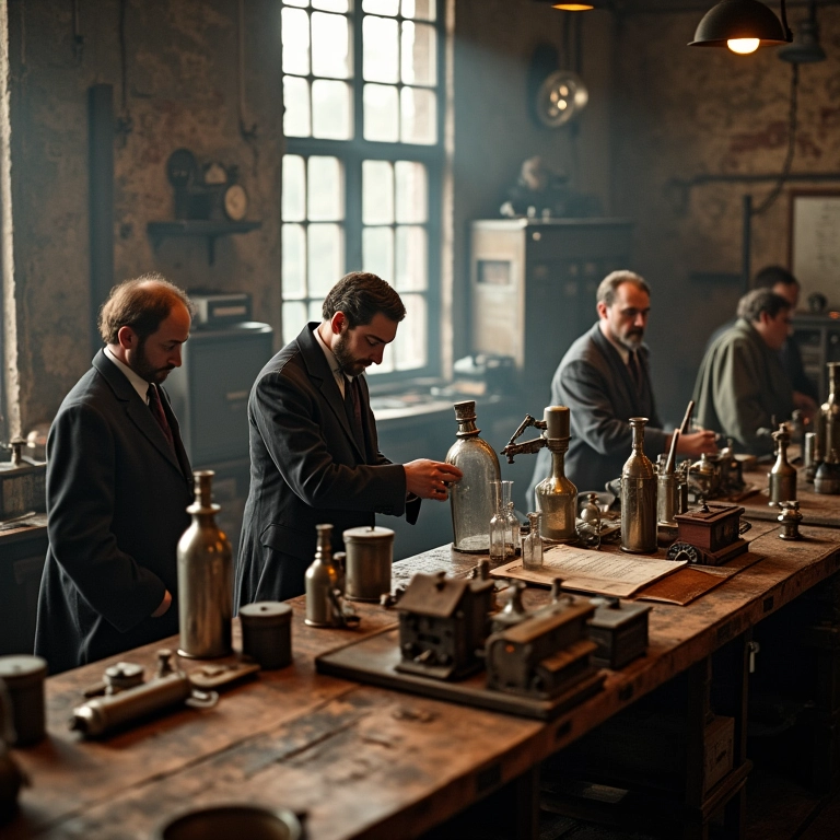 Cientistas em laboratório do século 19 descobrindo o ozônio.