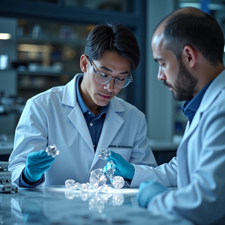 Cientistas em laboratório examinando diamantes sintéticos, mostrando o processo de fabricação.