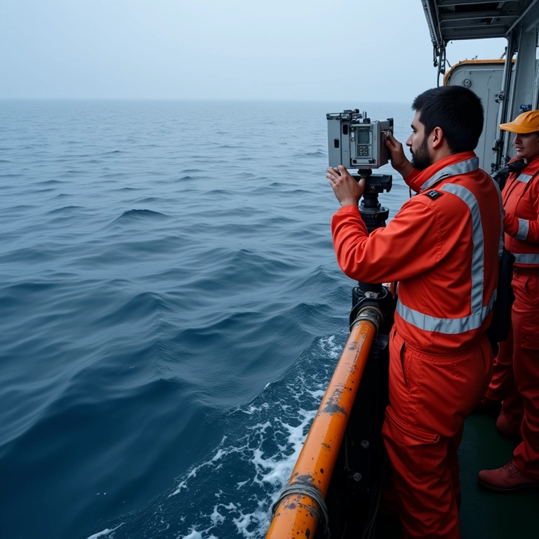 Cientistas estudando a velocidade do som na água em um navio oceanográfico.