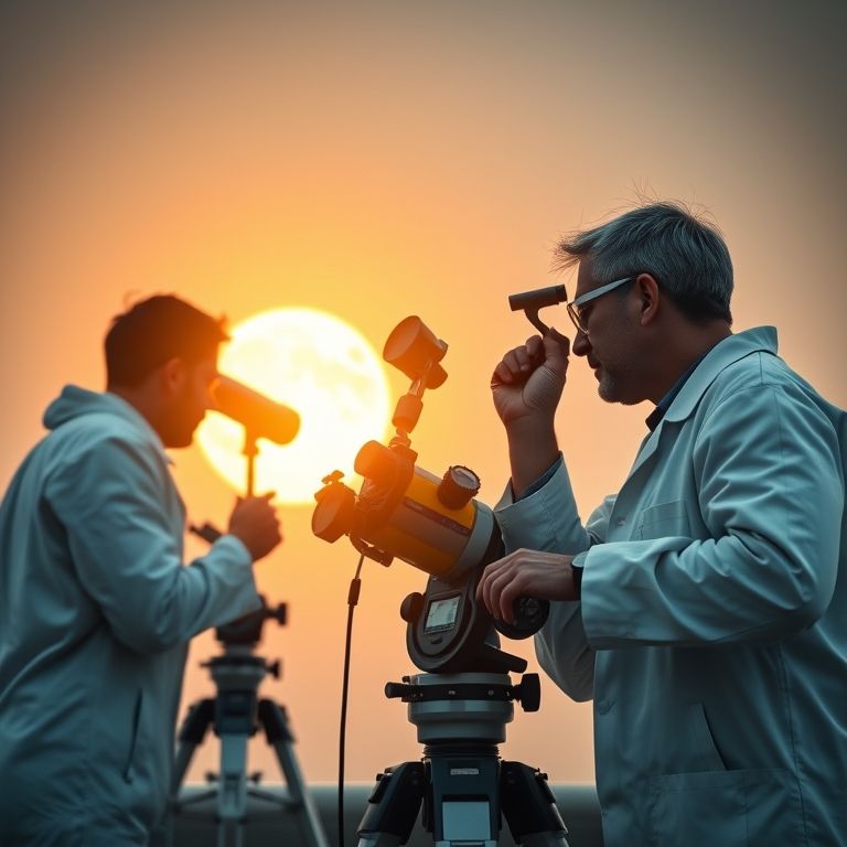 Cientistas observando o sol com telescópios avançados.