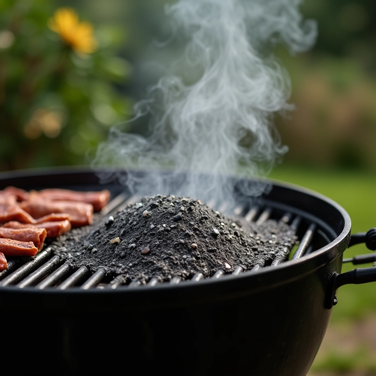 Cinzas de churrasqueira sendo coletadas para uso na jardinagem.