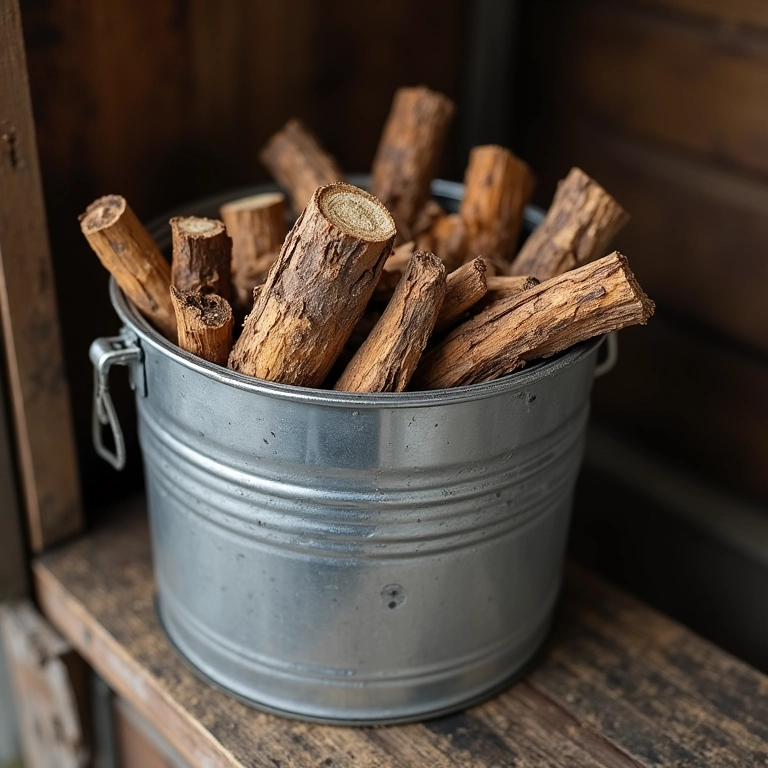 Cinzas de madeira armazenadas corretamente em um recipiente metálico fechado.