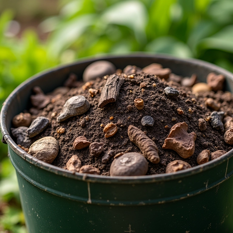 Cinzas de madeira misturadas a outros materiais orgânicos em uma composteira.
