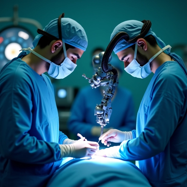 Cirurgião realizando cirurgia remota com 5G, mostrando baixa latência.