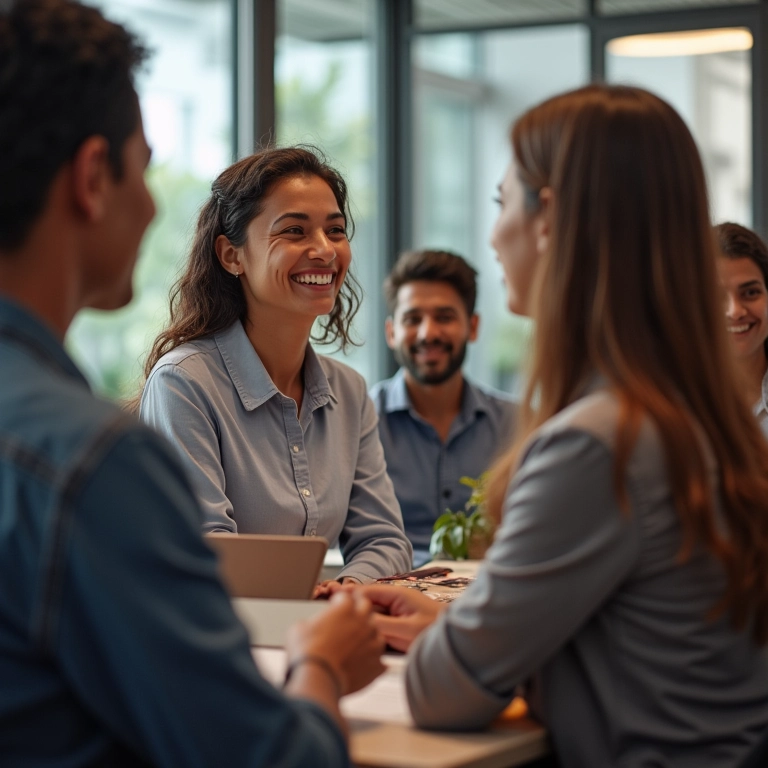 Cliente brasileiro satisfeito dando feedback positivo à equipe Scrum.