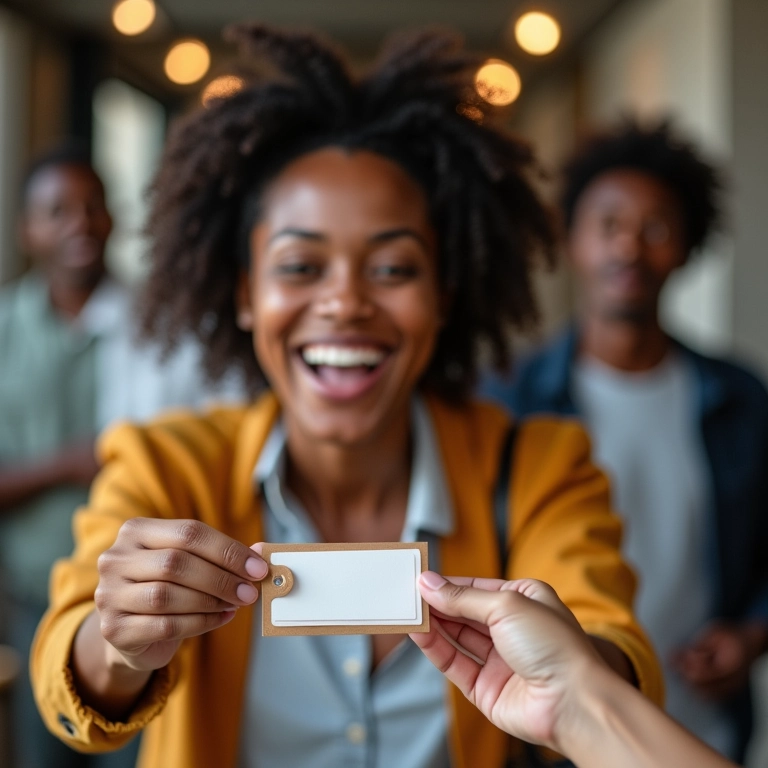 Cliente satisfeito recebendo produto com etiqueta de preço.