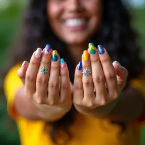 Joias de Unha: Como Aplicar e Arrasar na Nail Art Close de mãos diversas com nail art vibrante e joias de unha.
