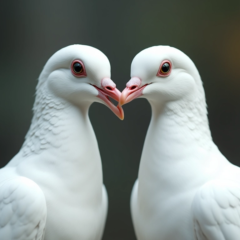 Close de pombo e pomba brancos.