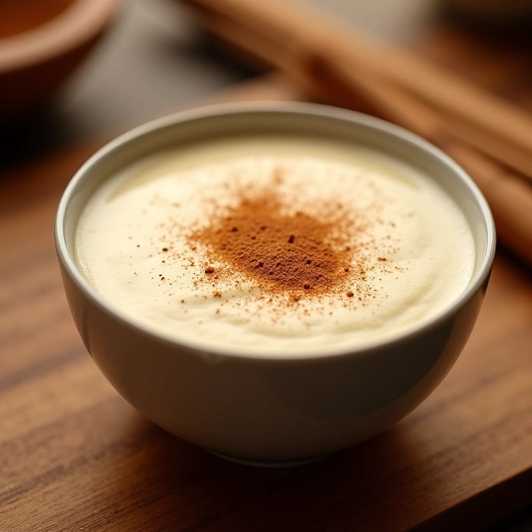 Close de um bowl de curau cremoso polvilhado com canela.