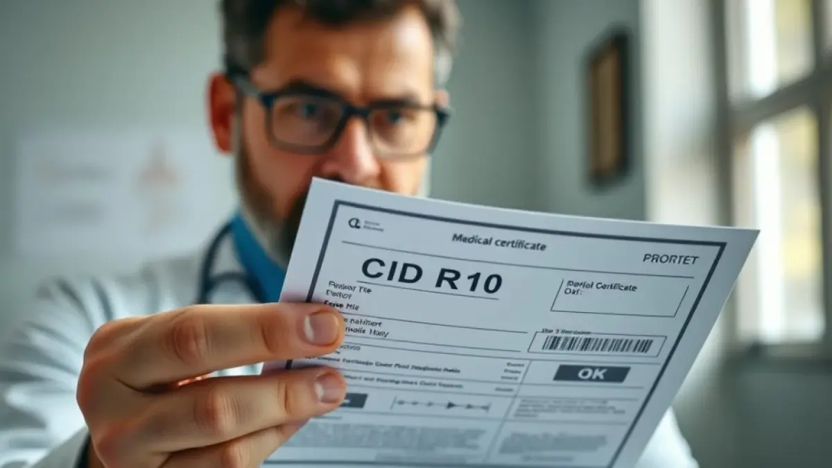 Médico explicando atestado com CID R10. Foco no profissionalismo e preocupação.