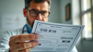 Médico explicando atestado com CID R10. Foco no profissionalismo e preocupação.