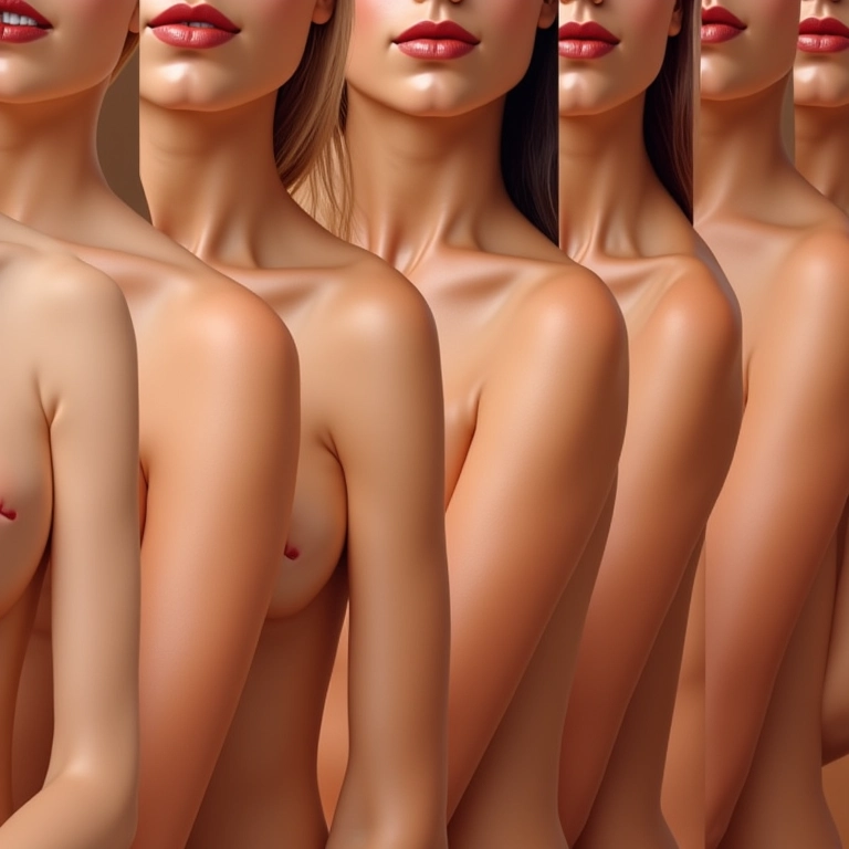 Close-up da pele de mulheres diversas, mostrando diferentes tipos e graus de flacidez.