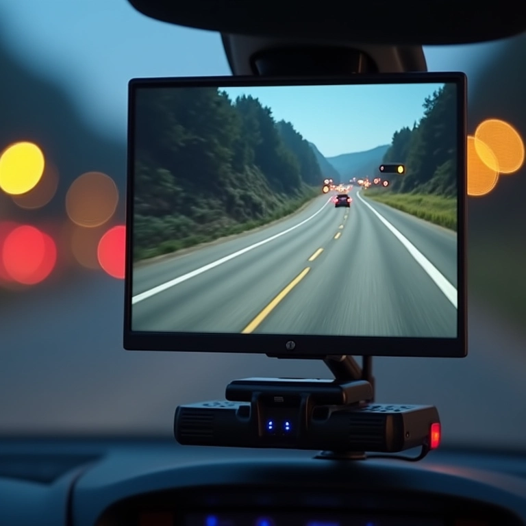 Close-up da tela da câmera de ré TechView AHD mostrando qualidade de imagem impecável.