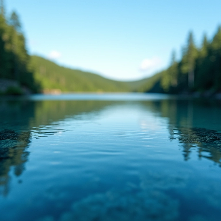 Close-up de água doce de lago refletindo o céu e a floresta.