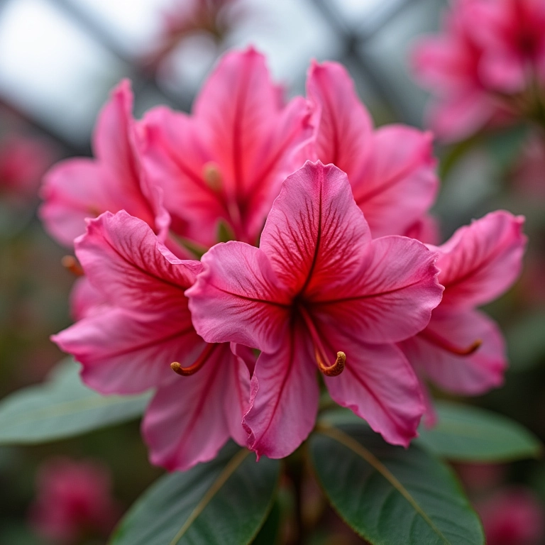 Close-up de azaleias vibrantes em um jardim de inverno envidraçado.