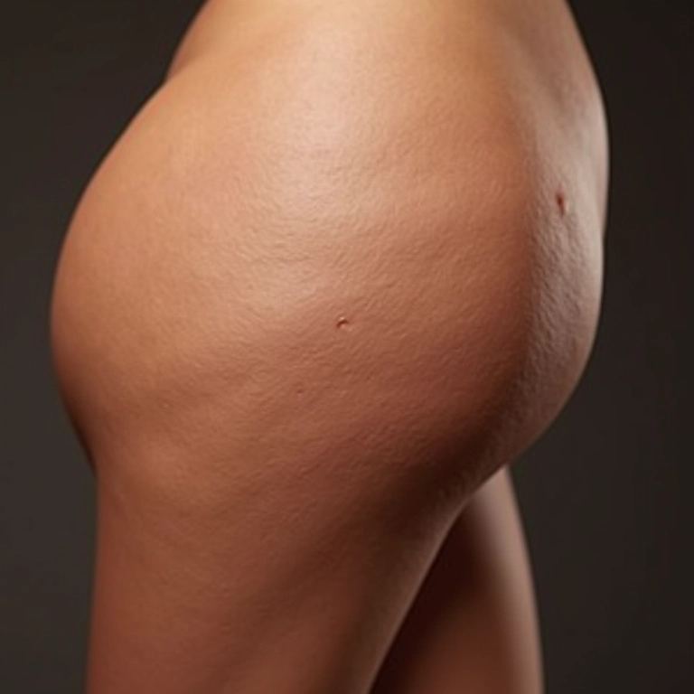 Close-up de coxa com celulite grau 4, mostrando textura da pele.