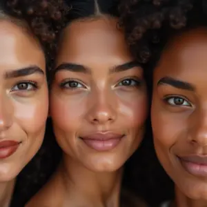 Close-up de diversas mulheres mostrando sobrancelhas finas.