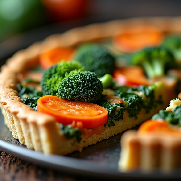 Close-up de fatia de torta de legumes mostrando ingredientes nutritivos.