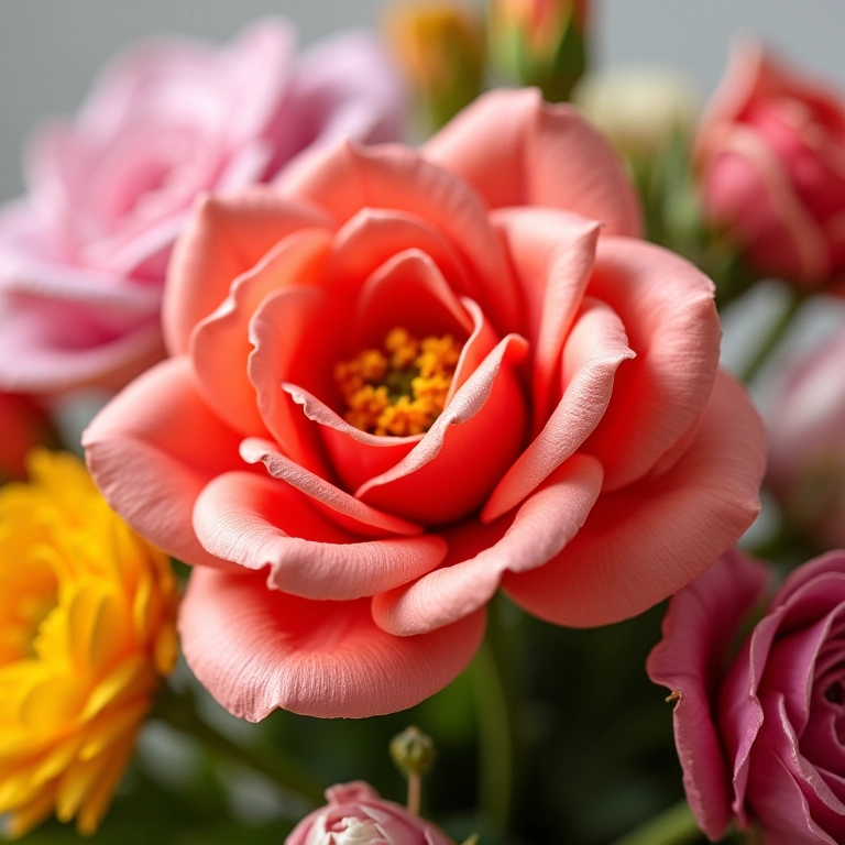 Close-up de flores artificiais de alta qualidade com texturas realistas e cores vibrantes.