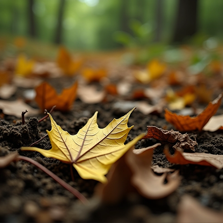 Close-up de folhas em decomposição e restos de plantas no chão da floresta, mostrando a origem da matéria orgânica.