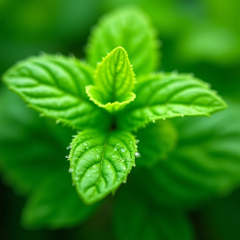 Close-up de folhas frescas de hortelã com gotas de orvalho.