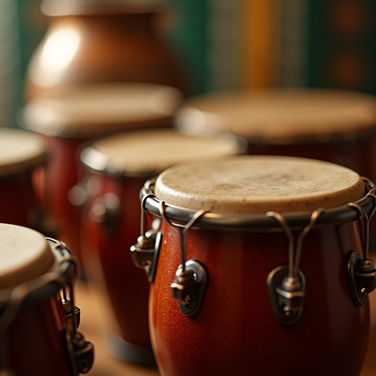 Close-up de instrumentos de samba: surdo, tamborim, pandeiro.